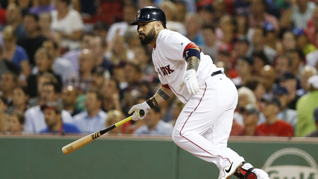 Aug 15, 2017; Boston, MA, USA; Boston Red Sox catcher Sandy Leon (3) hits a two run double during the fifth inning against the St. Louis Cardinals at Fenway Park. Photo Credit: Greg M. Cooper-USA TODAY Sports