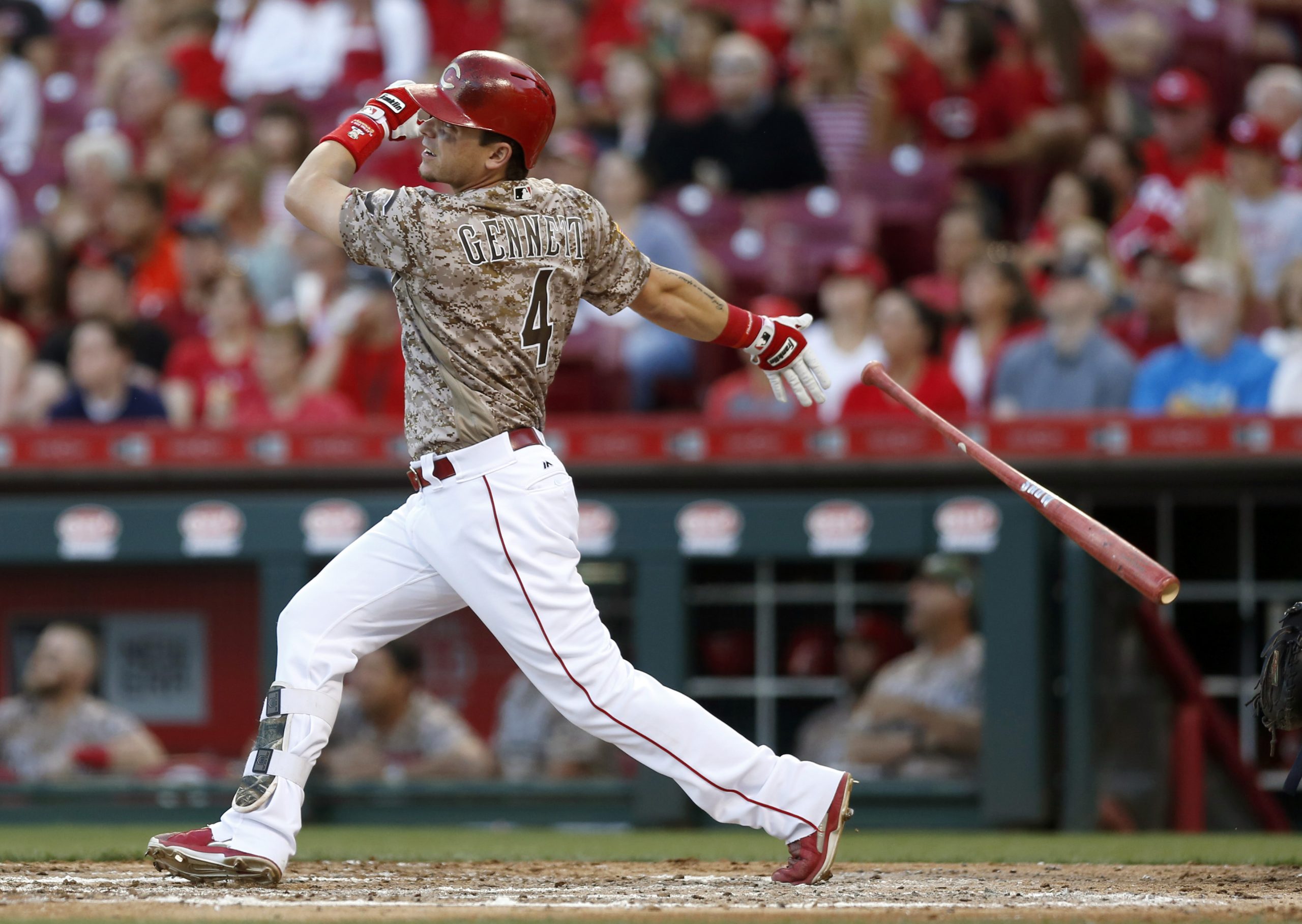 Jun 6, 2017; Cincinnati, OH, USA; Cincinnati Reds left fielder Scooter Gennett hits a grand slam against the St. Louis Cardinals during the third inning at Great American Ball Park. Photo Credit: David Kohl-USA TODAY Sports