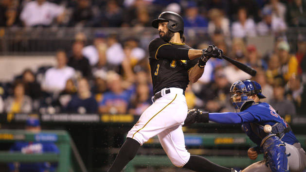 Sep 26, 2016; Pittsburgh, PA, USA; Pittsburgh Pirates second baseman Sean Rodriguez (3) singles against the Chicago Cubs during the sixth inning at PNC Park. Photo Credit: Charles LeClaire-USA TODAY Sports