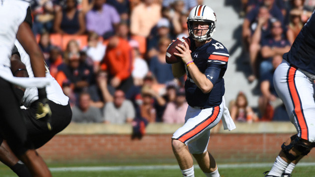 Nov 5, 2016; Auburn, AL, USA; Auburn Tigers quarterback Sean White (13) looks to pass during the third quarter against the Vanderbilt Commodores at Jordan Hare Stadium. Auburn won 23-16. Photo Credit: Shanna Lockwood-USA TODAY Sports