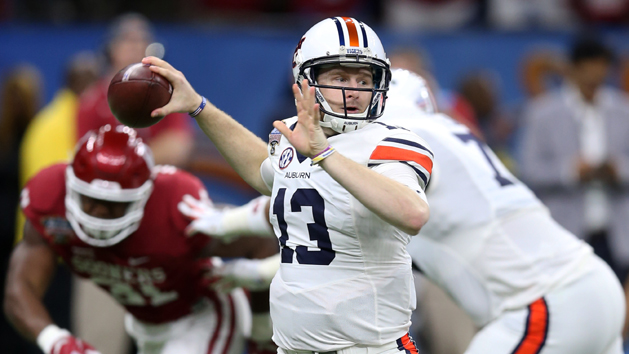 Jan 2, 2017; New Orleans , LA, USA; Auburn Tigers quarterback Sean White (13) drops back to pass against the Oklahoma Sooners in the first quarter of 2017 Sugar Bowl at the Mercedes-Benz Superdome. Photo Credit: Chuck Cook-USA TODAY Sports