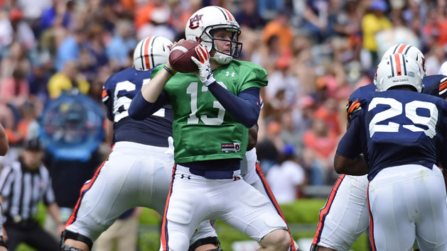 Apr 18, 2015; Auburn, AL, USA; Auburn Tigers quarterback Sean White (13) looks to pass during the spring game at Jordan-Hare Stadium. Mandatory Credit: Shanna Lockwood-USA TODAY Sports