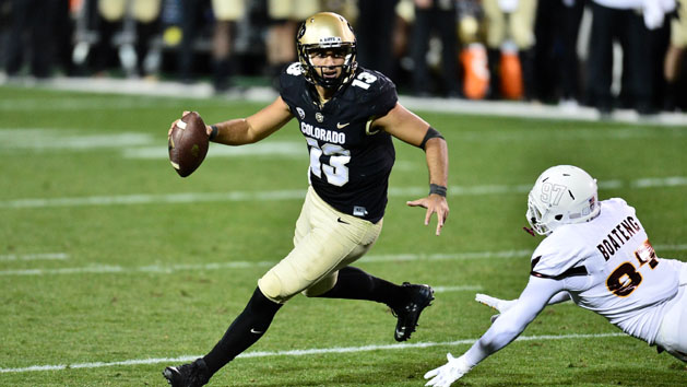 Oct 15, 2016; Boulder, CO, USA; Colorado Buffaloes quarterback Sefo Liufau (13) scrambles as Arizona State Sun Devils defensive lineman Edmond Boateng (97) defends in the first half at Folsom Field. Photo Credit: Ron Chenoy-USA TODAY Sports