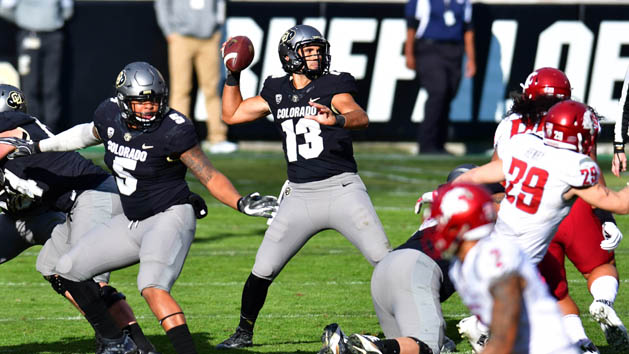 Nov 19, 2016; Boulder, CO, USA; Colorado Buffaloes quarterback Sefo Liufau (13) prepares to pass the ball in the first half against the Washington State Cougars at Folsom Field. Photo Credit: Ron Chenoy-USA TODAY Sports