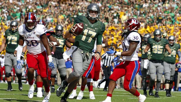 Oct 15, 2016; Waco, TX, USA; Baylor Bears quarterback Seth Russell (17) goes in for the 5-yard touch run against the Kansas Jayhawks during the first quarter at McLane Stadium. Photo Credit: Ray Carlin-USA TODAY Sports