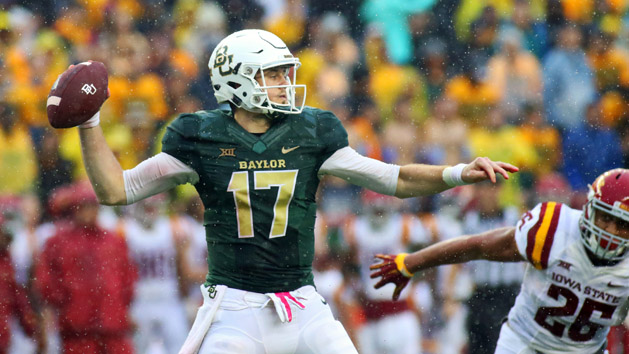 Oct 24, 2015; Waco, TX, USA; Baylor Bears quarterback Seth Russell (17) passes the ball during the first half against the Iowa State Cyclones at McLane Stadium. Mandatory Credit: Ray Carlin-USA TODAY Sports