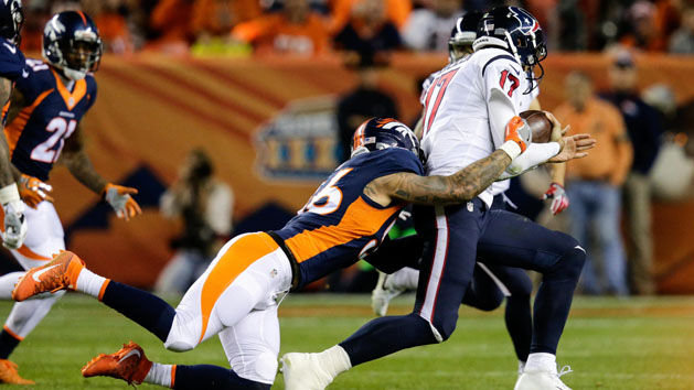 Oct 24, 2016; Denver, CO, USA; Denver Broncos outside linebacker Shane Ray (56) tackles Houston Texans quarterback Brock Osweiler (17) in the third quarter at Sports Authority Field at Mile High. Photo Credit: Isaiah J. Downing-USA TODAY Sports