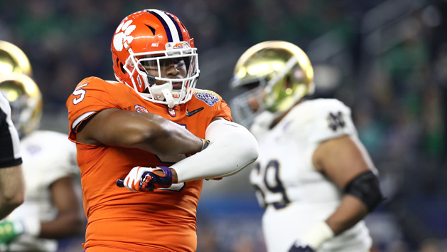 Dec 29, 2018; Arlington, TX, United States; Clemson Tigers linebacker Shaq Smith (5) celebrates a sack in the second half against the Notre Dame Fighting Irish in the 2018 Cotton Bowl college football playoff semifinal game at AT&T Stadium. Photo Credit: Matthew Emmons-USA TODAY Sports