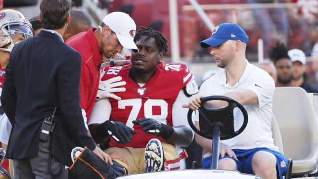 Aug 10, 2019; Santa Clara, CA, USA; San Francisco 49ers offensive tackle Shon Coleman (78) is carted off the field during the first quarter against the Dallas Cowboys at Levi’s Stadium. Photo Credit: Kelley L Cox-USA TODAY Sports