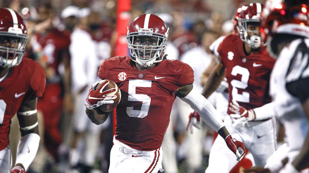 Sep 1, 2018; Orlando, FL, USA; Alabama Alabama Crimson Tide defensive back Shyheim Carter (5) returns an interception for the score against the Louisville Cardinals during the second half at Camping World Stadium. Photo Credit: Reinhold Matay-USA TODAY Sports