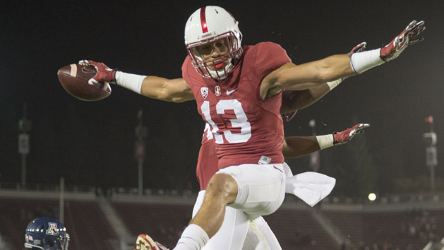 October 3, 2015; Stanford, CA, USA; Stanford Cardinal wide receiver Rollins Stallworth (13) celebrates after scoring a touchdown against the Arizona Wildcats during the fourth quarter at Stanford Stadium. Stanford defeated Arizona 55-17. Mandatory Credit: Kyle Terada-USA TODAY Sports