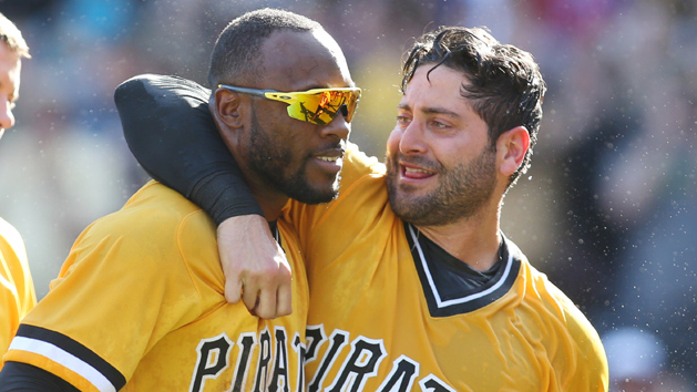 Apr 9, 2017; Pittsburgh, PA, USA; Pittsburgh Pirates center fielder Starling Marte (L) celebrates with catcher Francisco Cervelli (R) after Marte hit a two run game winning home run against the Atlanta Braves during the tenth inning at PNC Park. The Pirates won 6-5. Mandatory Credit: Charles LeClaire-USA TODAY Sports