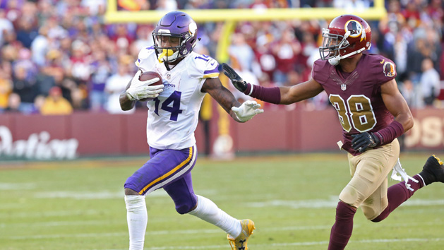 Nov 13, 2016; Landover, MD, USA; Minnesota Vikings wide receiver Stefon Diggs (14) runs with the ball as Washington Redskins cornerback Kendall Fuller (38) chases in the fourth quarter at FedEx Field. The Redskins won 26-20. Photo Credit: Geoff Burke-USA TODAY Sports