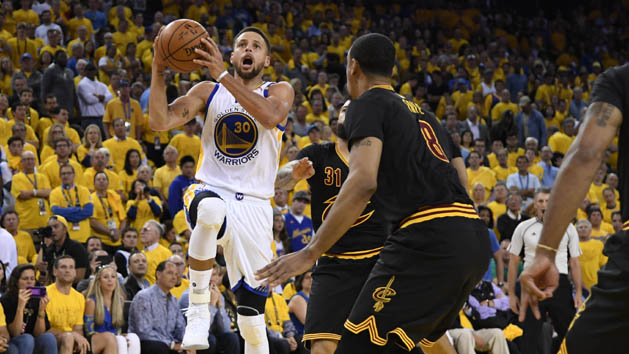 Jun 4, 2017; Oakland, CA, USA; Golden State Warriors guard Stephen Curry (30) drives to the basket against the Cleveland Cavaliers during the second half in game two of the 2017 NBA Finals at Oracle Arena. Photo Credit: Kyle Terada-USA TODAY Sports