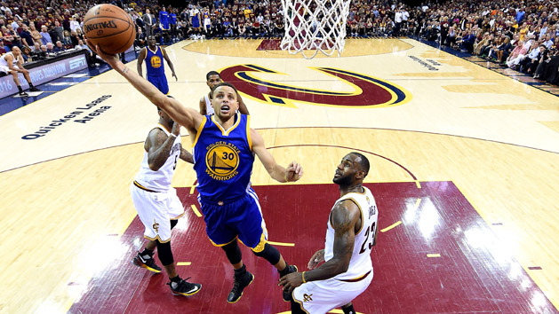 Jun 10, 2016; Cleveland, OH, USA; Golden State Warriors guard Stephen Curry (30) shoots the ball against Cleveland Cavaliers forward LeBron James (23) during the fourth quarter in game four of the NBA Finals at Quicken Loans Arena. Photo Credit: Bob Donnan-USA TODAY Sports