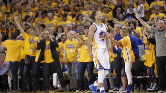 May 26, 2016; Oakland, CA, USA; Golden State Warriors guard Stephen Curry (30) celebrates after scoring against the Oklahoma City Thunder in the fourth quarter in game five of the Western conference finals of the NBA Playoffs at Oracle Arena. The Warriors defeated the Thunder 120-111. Mandatory Credit: Cary Edmondson-USA TODAY Sports