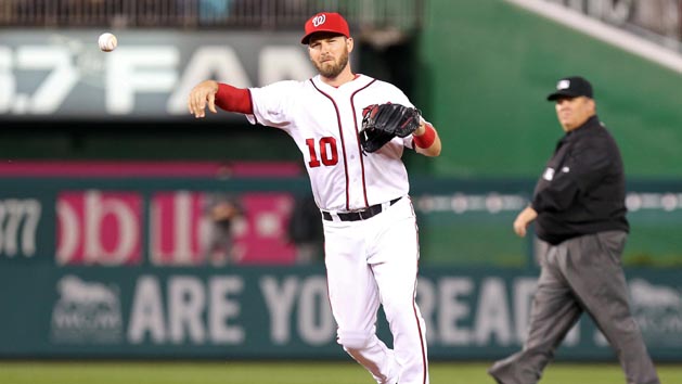 Sep 27, 2016; Washington, DC, USA; Washington Nationals second baseman Stephen Drew (10) makes a throw to first base on a all hit by Arizona Diamondbacks second baseman Jean Segura (not pictured) in the seventh inning at Nationals Park. The Nationals won 4-2. Photo Credit: Geoff Burke-USA TODAY Sports