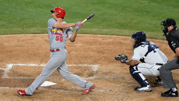 Sep 6, 2017; San Diego, CA, USA; St. Louis Cardinals right fielder Stephen Piscotty (55) hits a two run home run during the seventh inning against the San Diego Padres at Petco Park. Photo Credit: Jake Roth-USA TODAY Sports