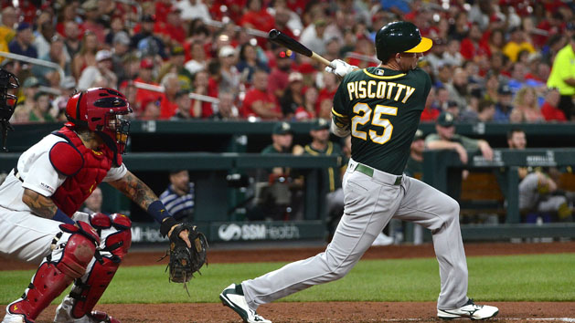 Jun 25, 2019; St. Louis, MO, USA; Oakland Athletics right fielder Stephen Piscotty (25) hits a one run single off of St. Louis Cardinals starting pitcher Jack Flaherty (22) during the fifth inning at Busch Stadium. Photo Credit: Jeff Curry-USA TODAY Sports