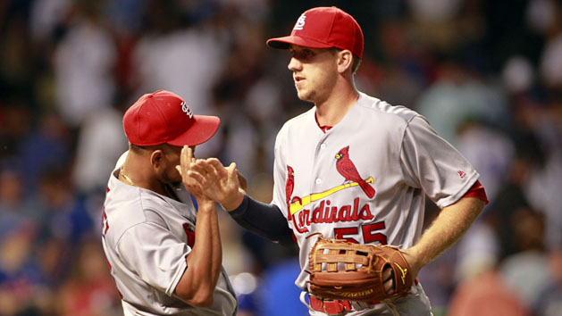 Aug 14, 2016; Chicago, IL, USA; St. Louis Cardinals right fielder Stephen Piscotty (55) celebrates after defeating the Chicago Cubs at Wrigley. Photo Credit: Caylor Arnold-USA TODAY Sports