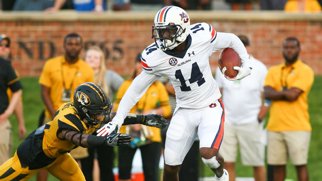 Sep 23, 2017; Columbia, MO, USA; Auburn Tigers defensive back Stephen Roberts (14) runs against Missouri Tigers defensive back Adam Sparks (14) in the first half at Faurot Field. Photo Credit: Jay Biggerstaff-USA TODAY Sports