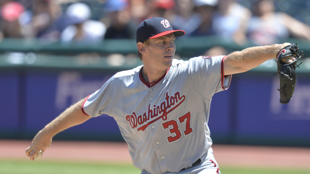 Jul 27, 2016; Cleveland, OH, USA; Washington Nationals starting pitcher Stephen Strasburg (37) delivers in the second inning against the Cleveland Indians at Progressive Field. Mandatory Credit: David Richard-USA TODAY Sports