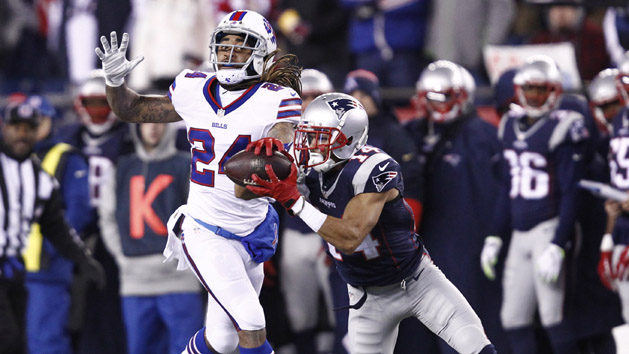 Nov 23, 2015; Foxborough, MA, USA; New England Patriots wide receiver Chris Harper (14) catches a pass against Buffalo Bills cornerback Stephon Gilmore (24) during the second half at Gillette Stadium. Mandatory Credit: Mark L. Baer-USA TODAY Sports