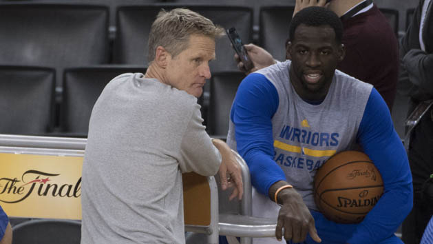 May 31, 2017; Oakland, CA, USA; Golden State Warriors head coach Steve Kerr (left) talks to forward Draymond Green (23, right) during the NBA Finals media day at Oracle Arena. Photo Credit: Kyle Terada-USA TODAY Sports