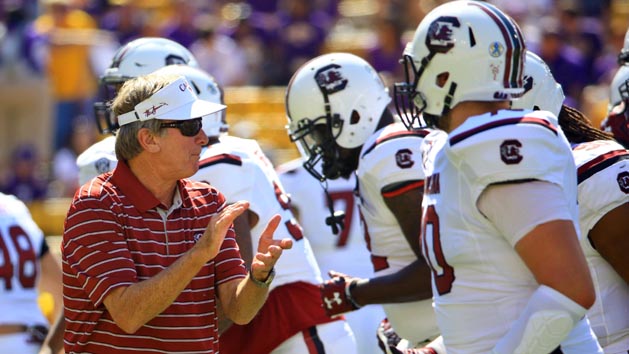 Oct 10, 2015; Baton Rouge, LA, USA; South Carolina Gamecocks head coach Steve Spurrier during pregame of a game against the LSU Tigers at Tiger Stadium. Mandatory Credit: Derick E. Hingle-USA TODAY Sports