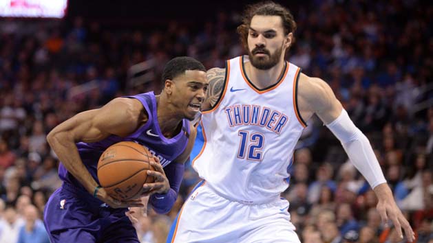 Mar 8, 2018; Oklahoma City, OK, USA; Phoenix Suns guard Shaquille Harrison (10) drives to the basket in front of Oklahoma City Thunder center Steven Adams (12) during the third quarter at Chesapeake Energy Arena. Photo Credit: Mark D. Smith-USA TODAY Sports