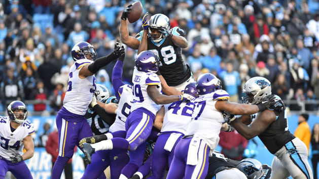 Dec 10, 2017; Charlotte, NC, USA; Carolina Panthers running back Jonathan Stewart (28) scores the winning touchdown in the fourth quarter at Bank of America Stadium. Photo Credit: Bob Donnan-USA TODAY Sports