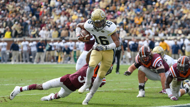 Nov 11, 2017; Atlanta, GA, USA; Georgia Tech Yellow Jackets quarterback TaQuon Marshall (16) breaks a tackle by Virginia Tech Hokies cornerback Greg Stroman (3) to score a touchdown during the first quarter at Bobby Dodd Stadium. Photo Credit: Dale Zanine-USA TODAY Sports