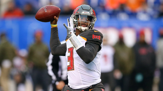 Nov 18, 2018; East Rutherford, NJ, USA; Tampa Bay Buccaneers quarterback Jameis Winston (3) drops back to pass during the second half against the New York Giants at MetLife Stadium. Photo Credit: Vincent Carchietta-USA TODAY Sports