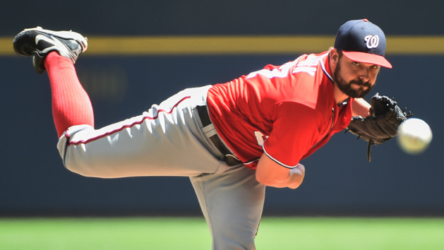 Jun 26, 2016; Milwaukee, WI, USA; Washington Nationals pitcher Tanner Roark (57) pitches in the first inning against the Milwaukee Brewers at Miller Park. Photo Credit: Benny Sieu-USA TODAY Sports