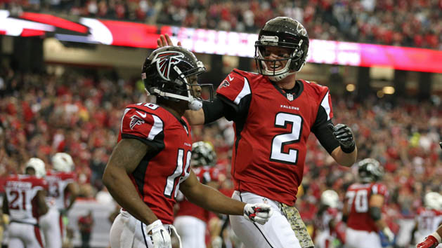 Nov 27, 2016; Atlanta, GA, USA; Atlanta Falcons quarterback Matt Ryan (2) celebrates the touchdown with wide receiver Taylor Gabriel (18) in the second quarter of their game against the Arizona Cardinals at the Georgia Dome. Photo Credit: Jason Getz-USA TODAY Sports