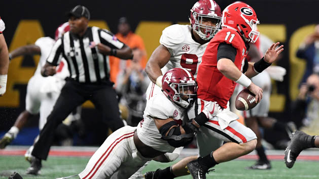 Jan 8, 2018; Atlanta, GA, USA; Alabama Crimson Tide linebacker Terrell Lewis (24) sacks Georgia Bulldogs quarterback Jake Fromm (11) during overtime in the 2018 CFP national championship college football game at Mercedes-Benz Stadium. Photo Credit: John David Mercer-USA TODAY Sports