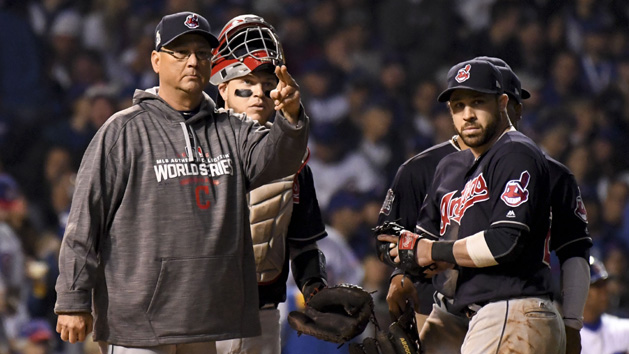 Oct 28, 2016; Chicago, IL, USA; Cleveland Indians manager Terry Francona (far left) signals for a pitching change against the Chicago Cubs during the fifth inning in game three of the 2016 World Series at Wrigley Field. Photo Credit: Tommy Gilligan-USA TODAY Sports