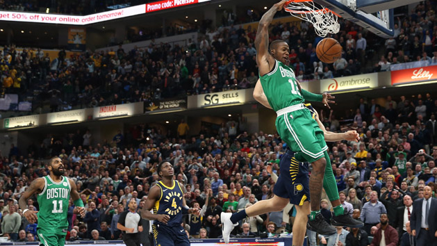 Dec 18, 2017; Indianapolis, IN, USA; Boston Celtics guard Terry Rozier (12) steals the ball and dunks the ball with under two seconds to go in the 4th quarter against Indiana Pacers forward Bojan Bogdanovic (44) at Bankers Life Fieldhouse. Photo Credit: Brian Spurlock-USA TODAY Sports