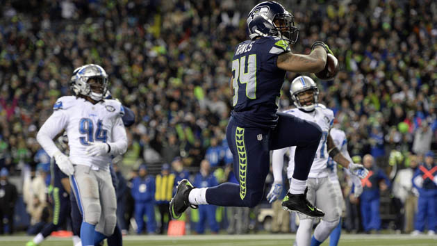January 7, 2017; Seattle, WA, USA; Seattle Seahawks running back Thomas Rawls (34) runs the ball in for a touchdown against the Detroit Lions during the second half in the NFC Wild Card playoff football game at CenturyLink Field. Photo Credit: Troy Wayrynen-USA TODAY Sports