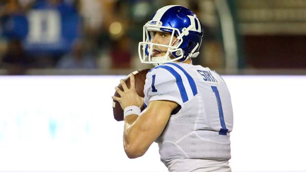 Sep 3, 2015; New Orleans, LA, USA; Duke Blue Devils quarterback Thomas Sirk (1) against the Tulane Green Wave during the second quarter of a game at Yulman Stadium. Mandatory Credit: Derick E. Hingle-USA TODAY Sports