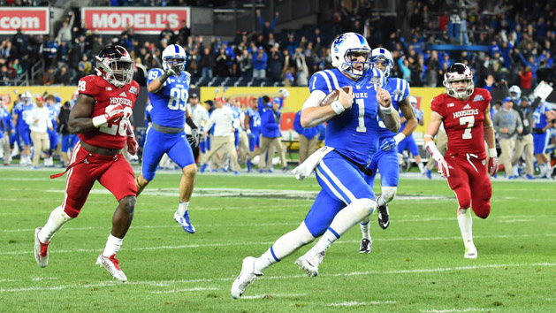 Dec 26, 2015; Bronx, NY, USA; Duke Blue Devils quarterback Thomas Sirk (1) runs with the ball on his way to the end-zone for a touchdown against the Indiana Hoosiers during the second quarter in the 2015 New Era Pinstripe Bowl at Yankee Stadium. Photo Credit: Rich Barnes-USA TODAY Sports
