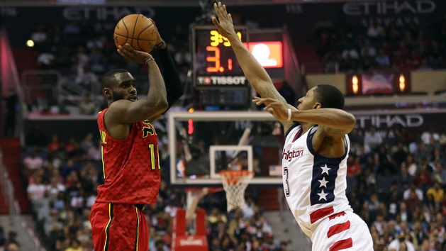 Apr 26, 2017; Washington, DC, USA; Atlanta Hawks guard Tim Hardaway Jr. (10) shoots the ball as Washington Wizards guard Bradley Beal (3) defends in the second quarter in game five of the first round of the 2017 NBA Playoffs at Verizon Center. Photo Credit: Geoff Burke-USA TODAY Sports