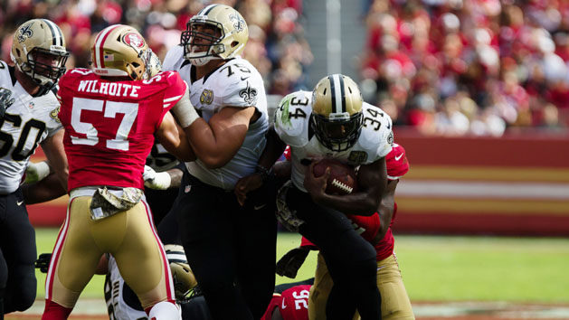 Nov 6, 2016; Santa Clara, CA, USA; New Orleans Saints running back Tim Hightower (34) carries the ball against the San Francisco 49ers during the second quarter at Levi's Stadium. Photo Credit: Kelley L Cox-USA TODAY Sports