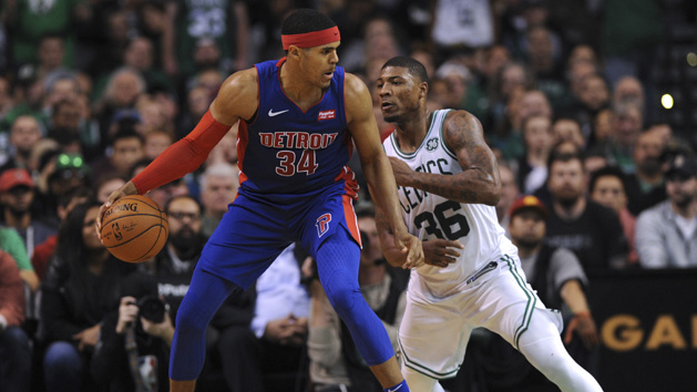 Nov 27, 2017; Boston, MA, USA; Boston Celtics guard Marcus Smart (36) guards Detroit Pistons forward Tobias Harris (34) during the second half at TD Garden. Photo Credit: Bob DeChiara-USA TODAY Sports