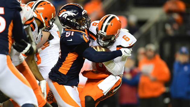 Dec 15, 2018; Denver, CO, USA; Denver Broncos inside linebacker Todd Davis (51) sacks Cleveland Browns quarterback Baker Mayfield (6) in the second quarter at Broncos Stadium at Mile High. Photo Credit: Ron Chenoy-USA TODAY Sports