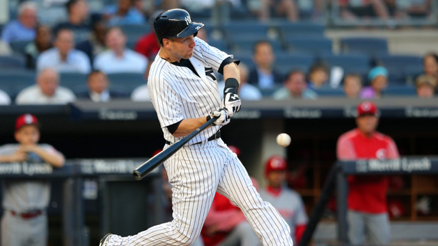 Jul 25, 2017; Bronx, NY, USA; New York Yankees third baseman Todd Frazier (29) hits into a run scoring triple play against the Cincinnati Reds during the second inning at Yankee Stadium. Photo Credit: Brad Penner-USA TODAY Sports