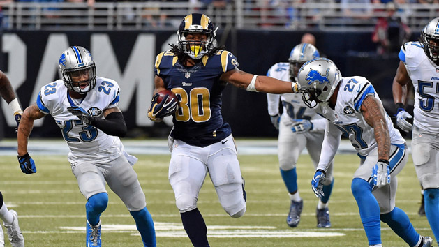 Dec 13, 2015; St. Louis, MO, USA; St. Louis Rams running back Todd Gurley (30) runs the ball against the Detroit Lions during the second half at the Edward Jones Dome. The St. Louis Rams defeat the Detroit Lions 21-14. Mandatory Credit: Jasen Vinlove-USA TODAY Sports