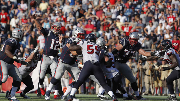Sep 24, 2017; Foxborough, MA, USA; New England Patriots quarterback Tom Brady (12) throws a pass against the Houston Texans in the fourth quarter at Gillette Stadium. Photo Credit: David Butler II-USA TODAY Sports