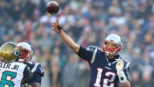 Jan 21, 2018; Foxborough, MA, USA; New England Patriots quarterback Tom Brady (12) throws a pass against the Jacksonville Jaguars during the first quarter in the AFC Championship Game at Gillette Stadium. Photo Credit: Mark J. Rebilas-USA TODAY Sports
