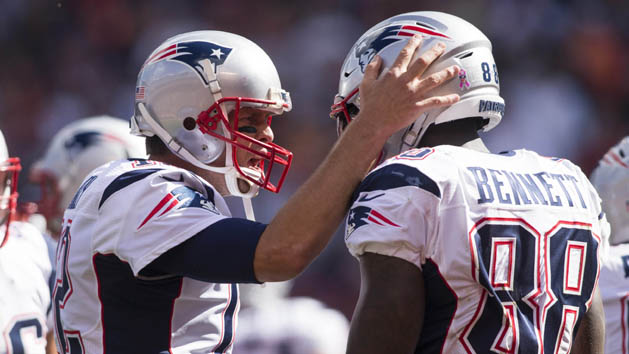Oct 9, 2016; Cleveland, OH, USA; New England Patriots quarterback Tom Brady (12) congratules tight end Martellus Bennett (88) on his second quarter touchdown against the Cleveland Browns at FirstEnergy Stadium. Photo Credit: Scott R. Galvin-USA TODAY Sports